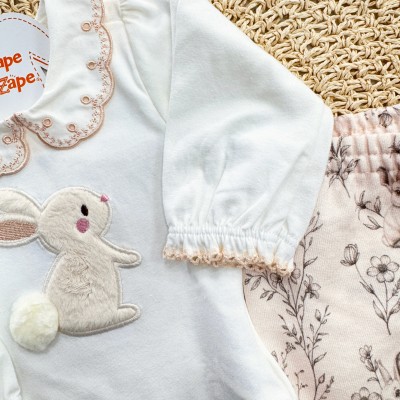 Conj. Body Manga Longa Coelhinha e Calça em Moletinho - Rose e Off White